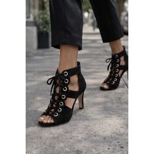 Dior Paris Black Suede Leather Lace Up Open Toe Heels Women's Size 38.5